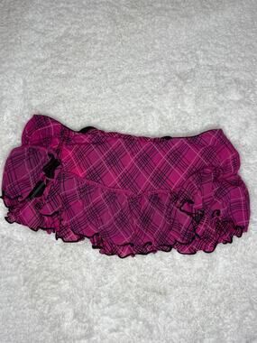 NWT Dollhouse Pink Plaid Ruffle Micro Mini Skirt Thong Built In S